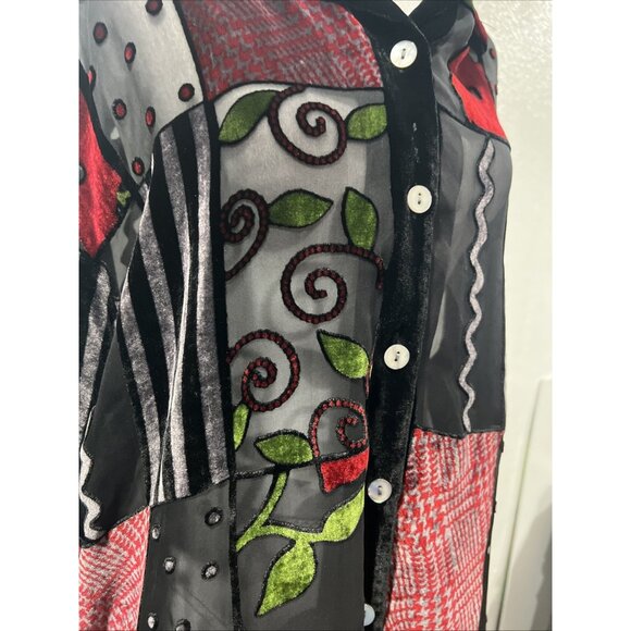 Vintage 1990s Blast Shirt XL Black Velour Floral Artsy Sheer Silk Button Up - Picture 2 of 15